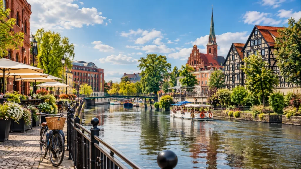Spacer nad wodą z zabytkowymi budynkami w tle i statkiem przy brzegu, inspiracja na zimowy weekendowy wypad
