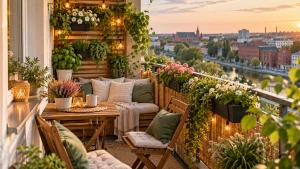 Przytulny balkon w bloku w Białymstoku z drewnianymi meblami, kwiatami w donicach, zielonymi roślinami i ciepłym światłem