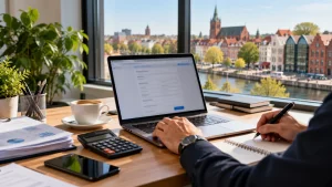 Przyszły przedsiębiorca z Białegostoku wypełnia na laptopie wniosek o rejestrację firmy i rozpisuje budżet nowej działalności
