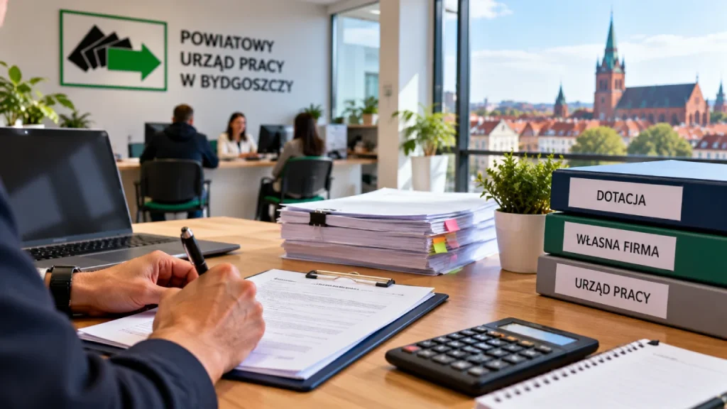 Mieszkanka Białegostoku wypełnia wniosek o dotację z Powiatowego Urzędu Pracy w Białymstoku na start własnej działalności