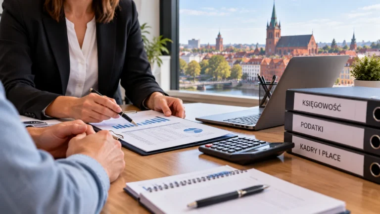 Księgowa z biura rachunkowego w Białymstoku omawia z właścicielem firmy dokumenty finansowe i miesięczny koszt księgowości