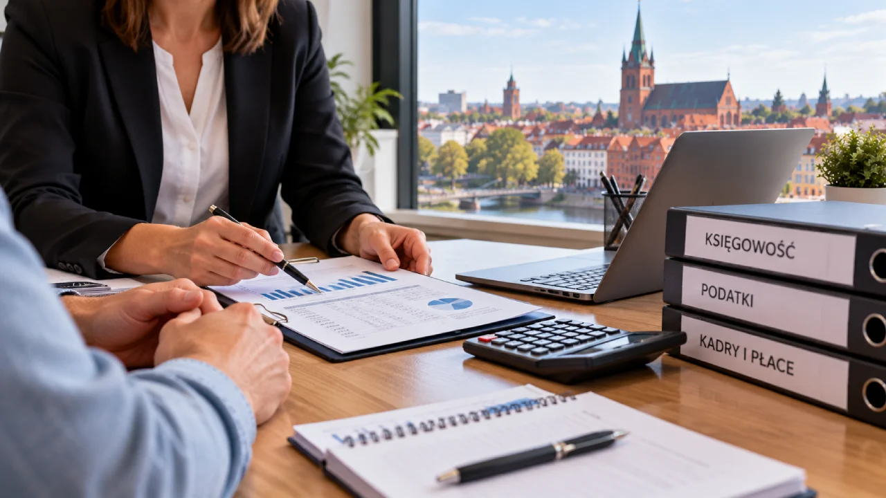 Księgowa z biura rachunkowego w Białymstoku omawia z właścicielem firmy dokumenty finansowe i miesięczny koszt księgowości