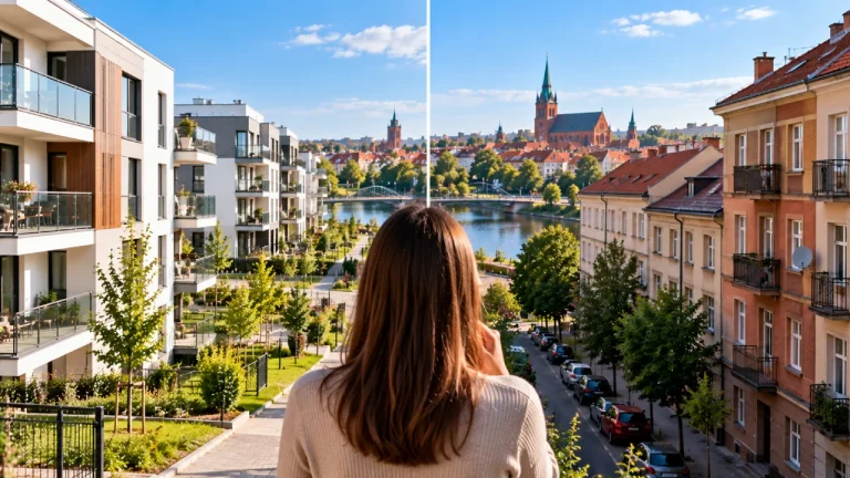 Nowe apartamentowce obok starszych bloków w Białymstoku, wybór między mieszkaniem z rynku pierwotnego a wtórnego
