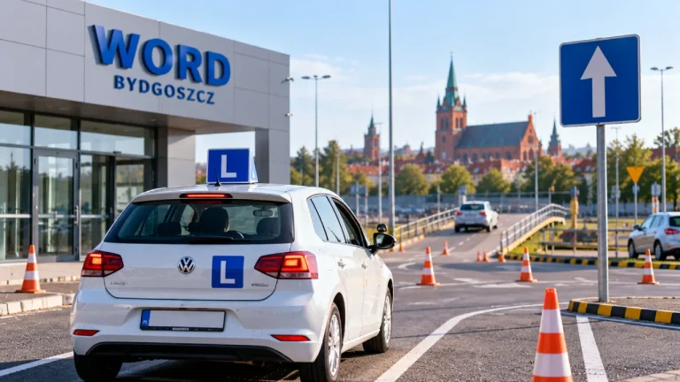 Samochód nauki jazdy z literą L podczas egzaminu praktycznego w Białymstoku, kandydat za kierownicą, obok egzaminator