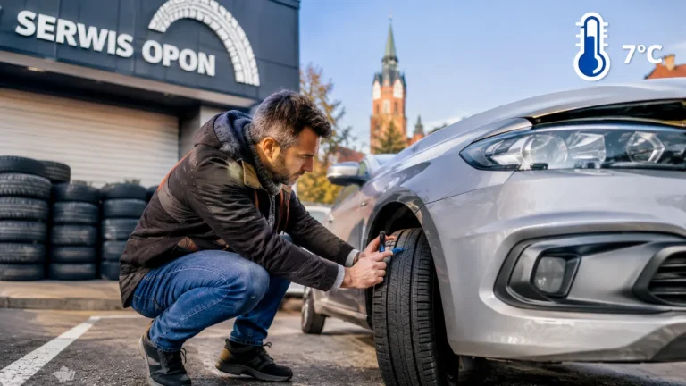 Mechanik w warsztacie w Białymstoku wymienia koła samochodu osobowego podczas sezonowej zmiany opon