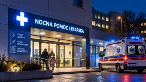 Oświetlone wejście do punktu nocnej i świątecznej pomocy lekarskiej, przy którym stoi personel medyczny i pacjenci
