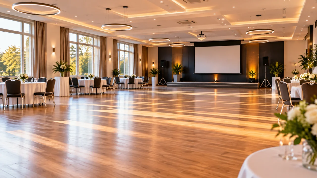 Przestronna sala eventowa z parkietem, oświetleniem i miejscem na organizację imprez firmowych, szkoleń oraz przyjęć w Bydgoszczy.