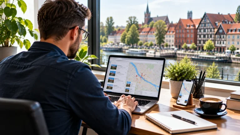 Przedsiębiorca z Białegostoku uzupełnia na laptopie wizytówkę Google, by jego lokalna firma była lepiej widoczna w mapach