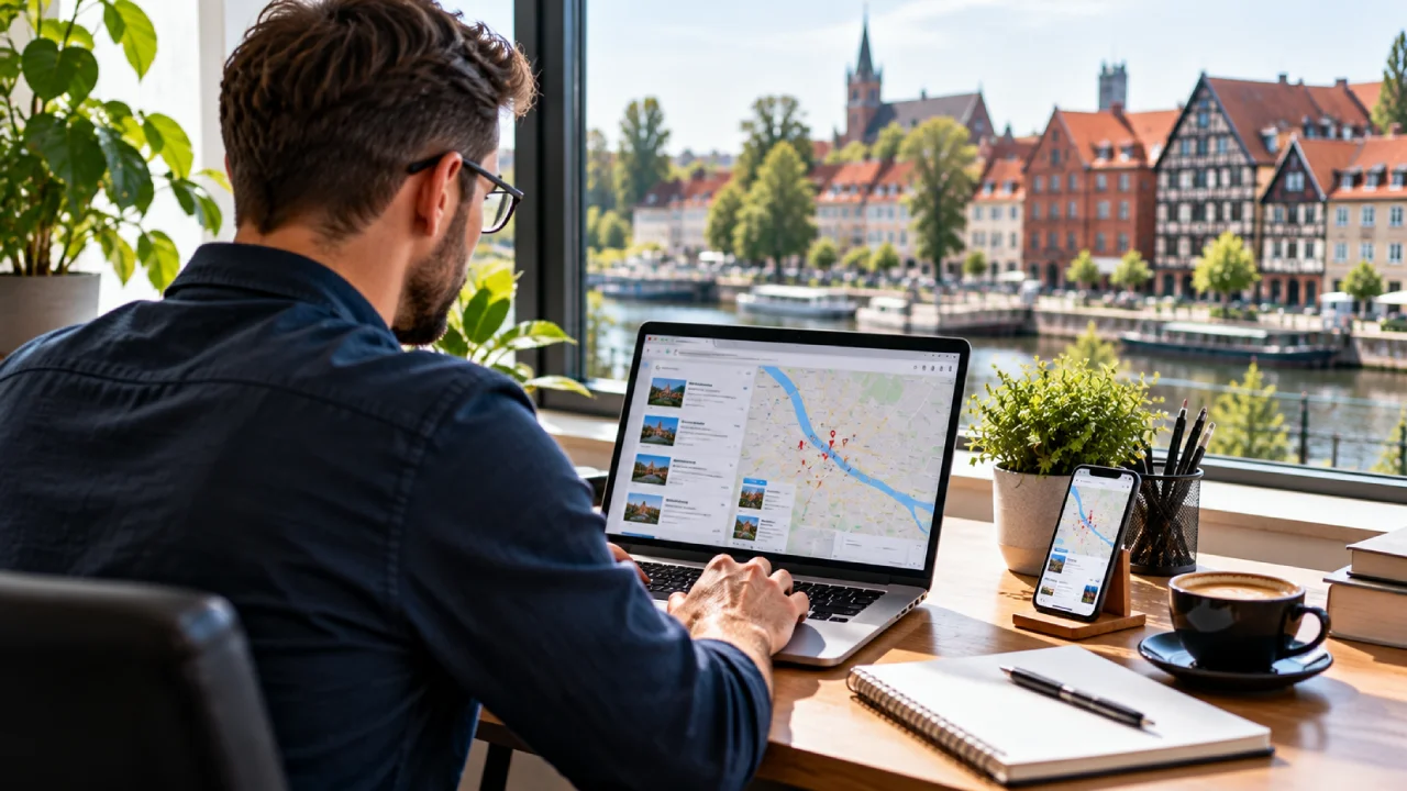 Przedsiębiorca z Białegostoku uzupełnia na laptopie wizytówkę Google, by jego lokalna firma była lepiej widoczna w mapach