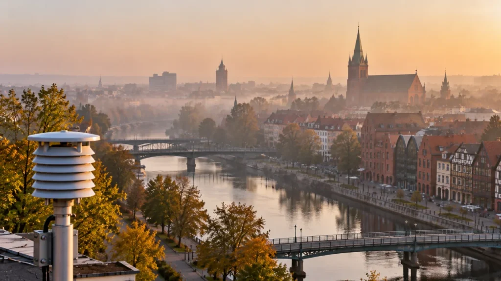 Szara mgła i smog nad zabudową miejską w mroźny dzień sezonu grzewczego, budynki widoczne tylko w zarysie