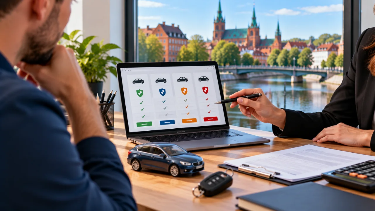 Kierowca z Białegostoku porównuje na laptopie oferty ubezpieczenia OC i AC, analizując ceny i zakres ochrony polis