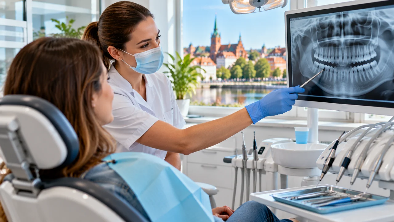 Dentysta w Białymstoku rozmawia z pacjentką w nowoczesnym gabinecie stomatologicznym z fotelem i sprzętem medycznym
