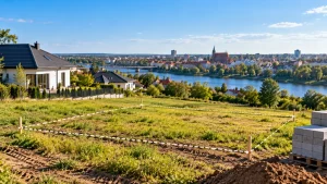 Działka budowlana pod Białymstokiem z wyznaczonymi granicami, otoczona zielenią i domami jednorodzinnymi