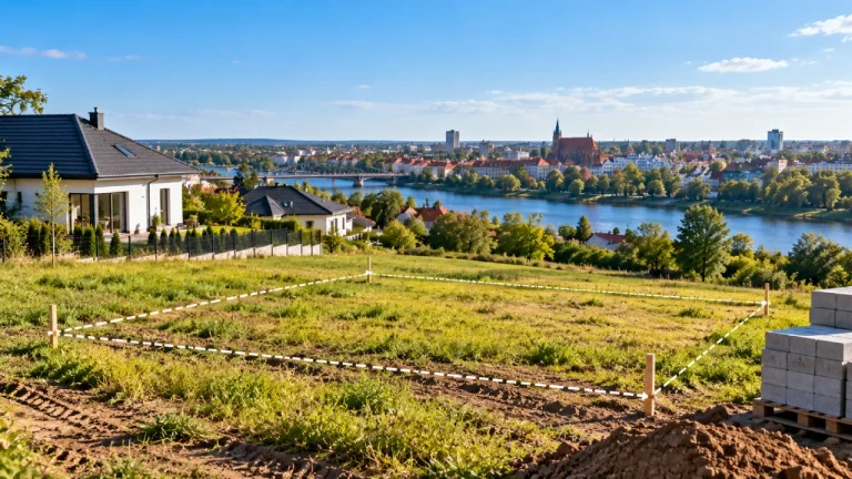 Działka budowlana pod Białymstokiem z wyznaczonymi granicami, otoczona zielenią i domami jednorodzinnymi