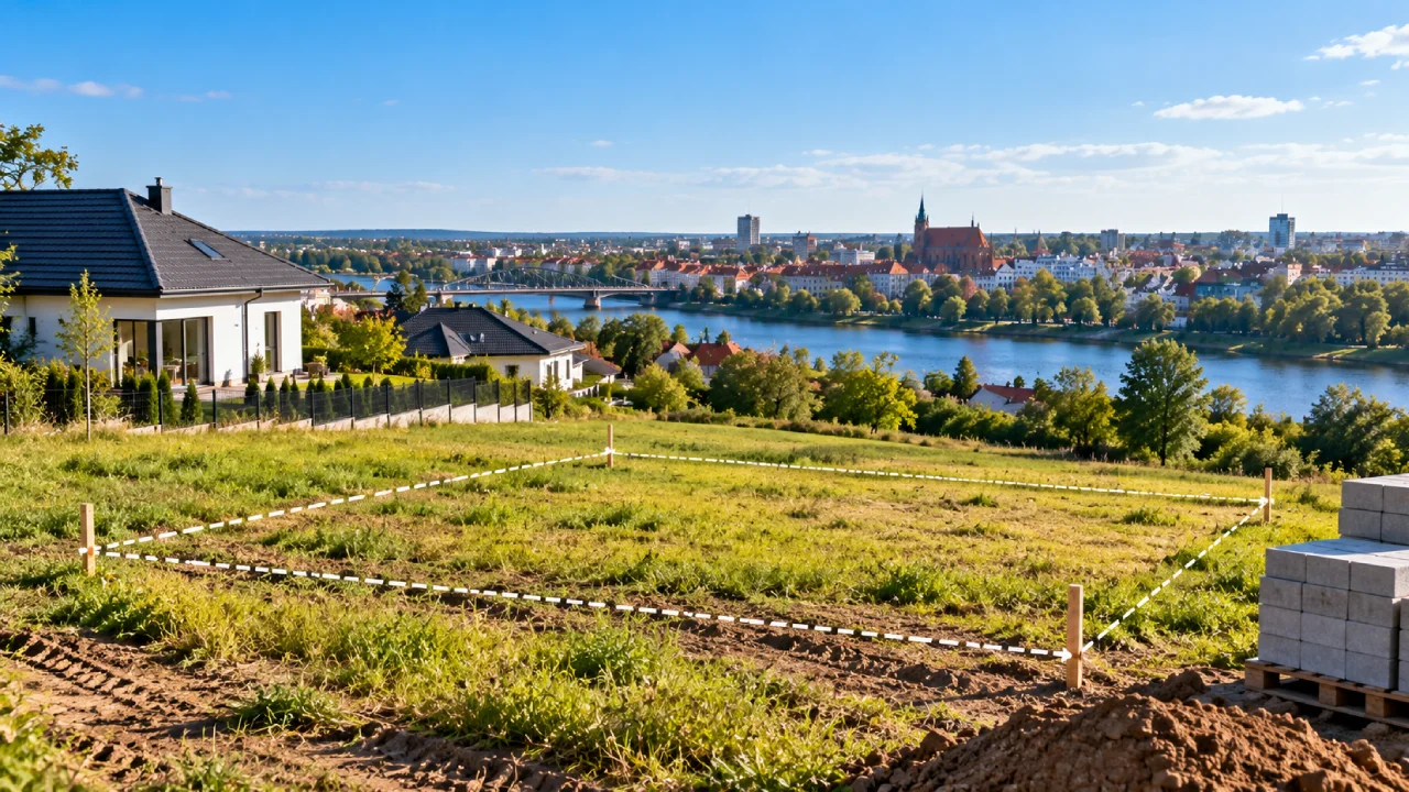 Działka budowlana pod Białymstokiem z wyznaczonymi granicami, otoczona zielenią i domami jednorodzinnymi