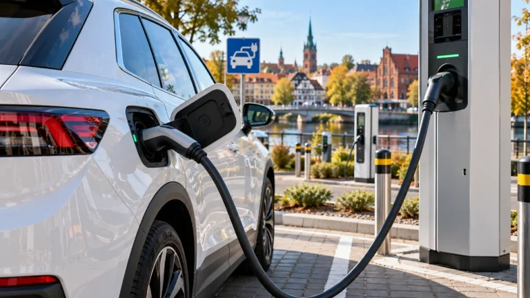 Samochód elektryczny podłączony do publicznej stacji ładowania na miejskim parkingu w Białymstoku jesienią